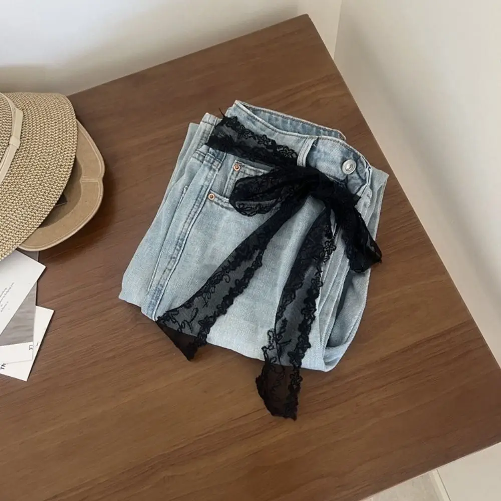 Модный длинный кружевной пояс y2k с бантом и цветочным кружевом - Фотография_3