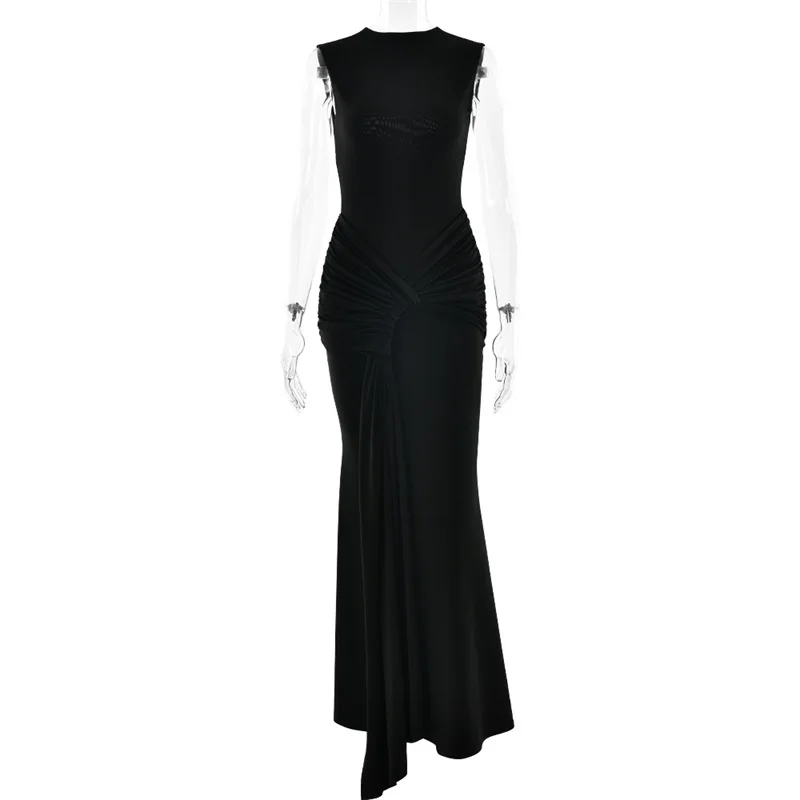 Женское вечернее платье с круглым вырезом и рюшами и драпировкой - Фотография_3