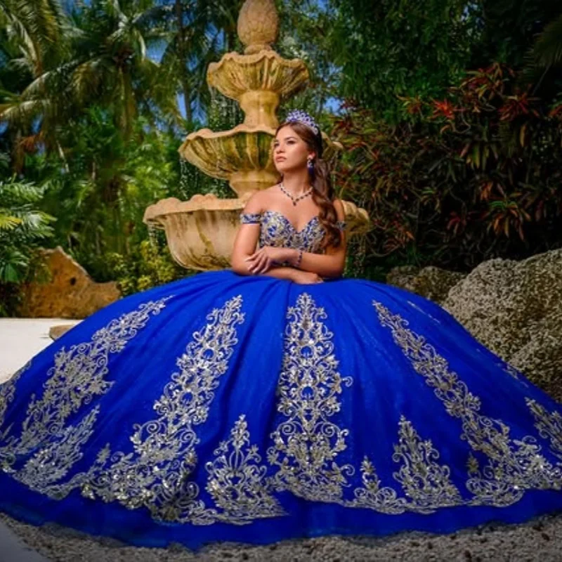 Королевское синее платье quinceanera с открытыми плечами - Фотография_4