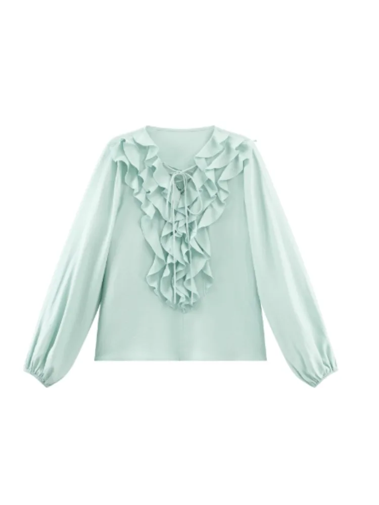 Женская шифоновая блузка с рюшами и v-образным вырезом - Фотография_6