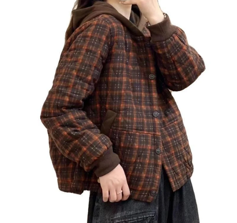 Ретро клетчатая хлопковая куртка с капюшоном для женщин - Фотография_5