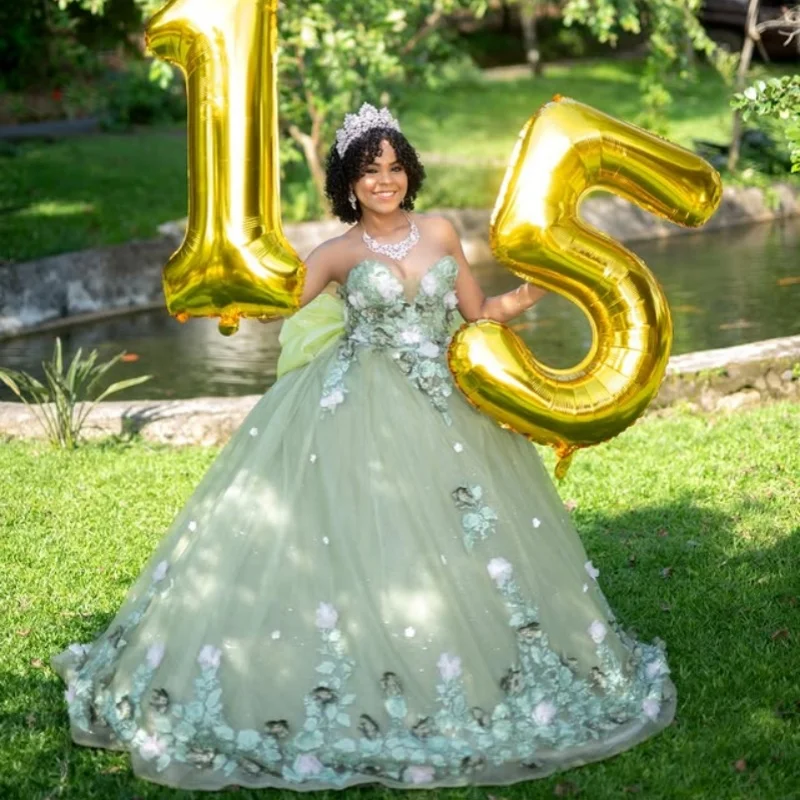 Мятно-зеленое платье quinceanera с открытыми плечами и 3d цветами - Фотография_2