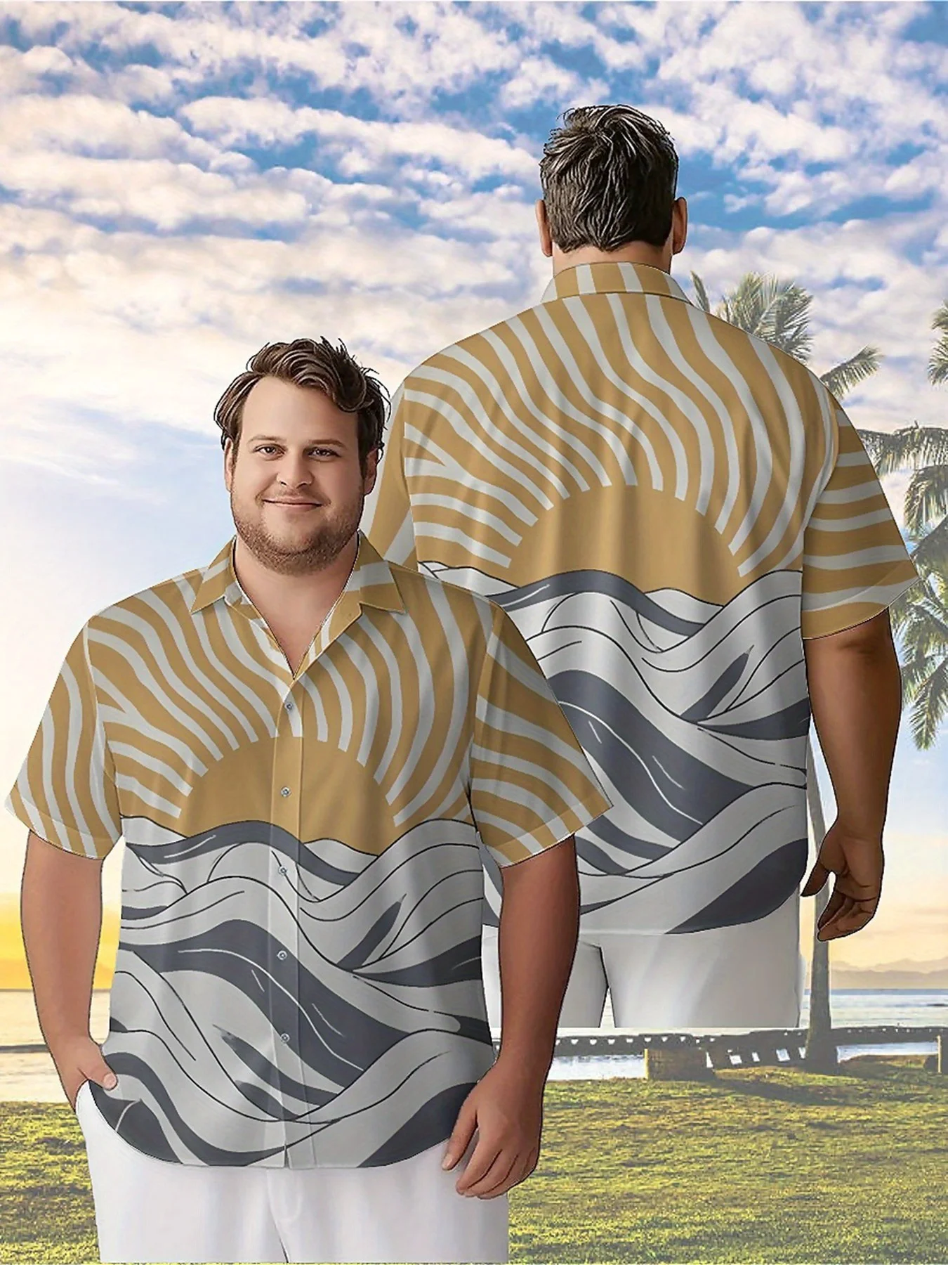 Мужские гавайские рубашки больших размеров с рисунком солнечных и волн