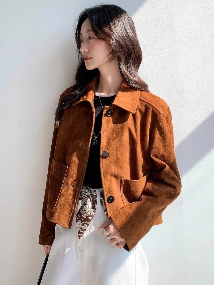 Винтажные короткие замшевые куртки из натуральной кожи для женщин - Фотография_4