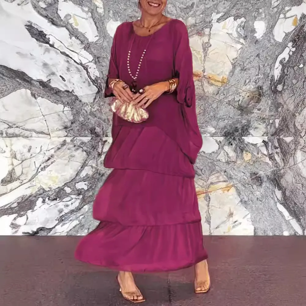 Модное однотонное длинное платье с круглым вырезом - Фотография_6