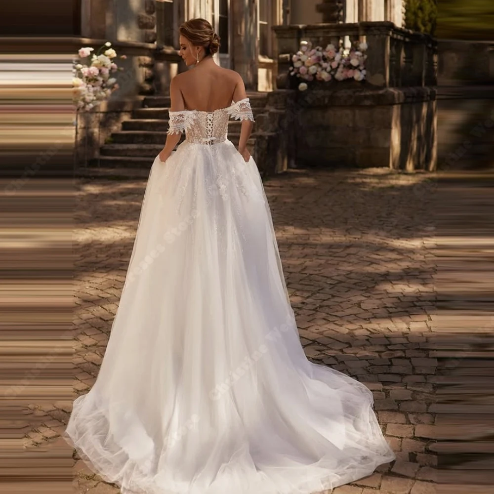 Женские свадебные платья трапециевидной формы с открытыми плечами - Фотография_4