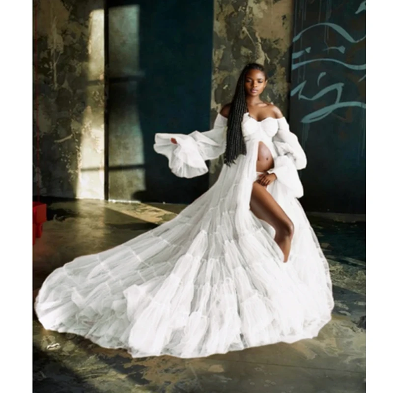 Белое тюлевое платье для беременных для фотосессии