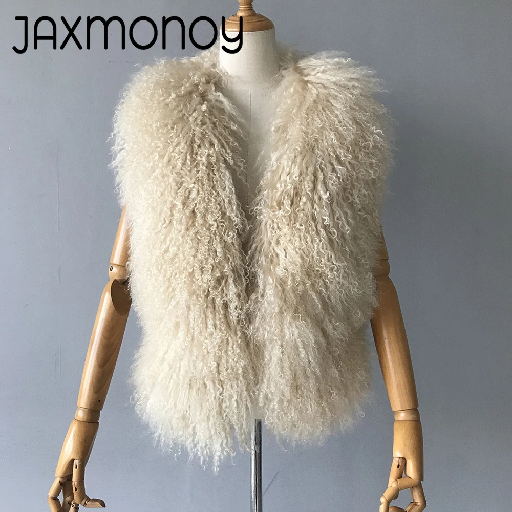 Jaxmonoy женский натуральный монгольский овечий мех с лямкой на шее - Фотография_6
