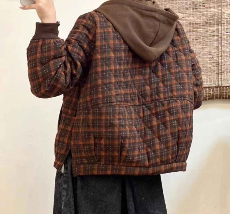 Ретро клетчатая хлопковая куртка с капюшоном для женщин - Фотография_4