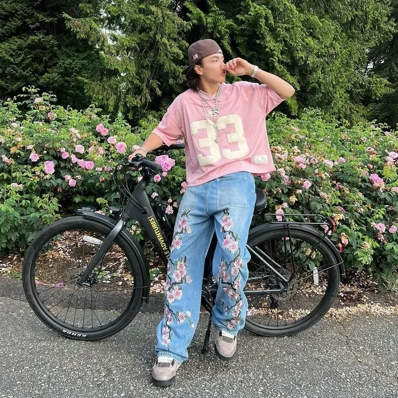 Брюки y2k мужские baggy harajuku с принтом вишневого цвета - Фотография_3