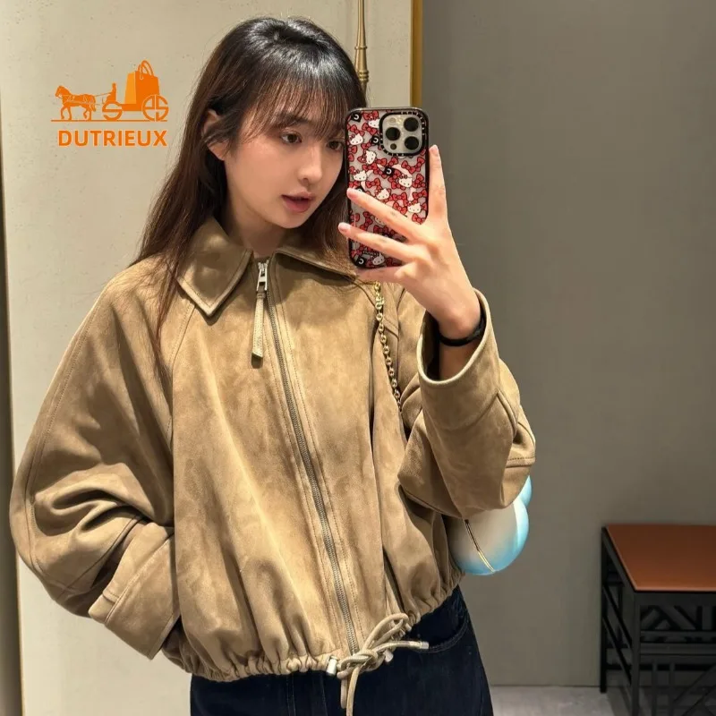 Зимняя замшевая кожаная куртка с завязками по краю - Фотография_2