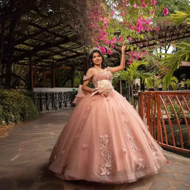 Светло-оранжевое платье quinceanera с открытыми плечами - Фотография_4