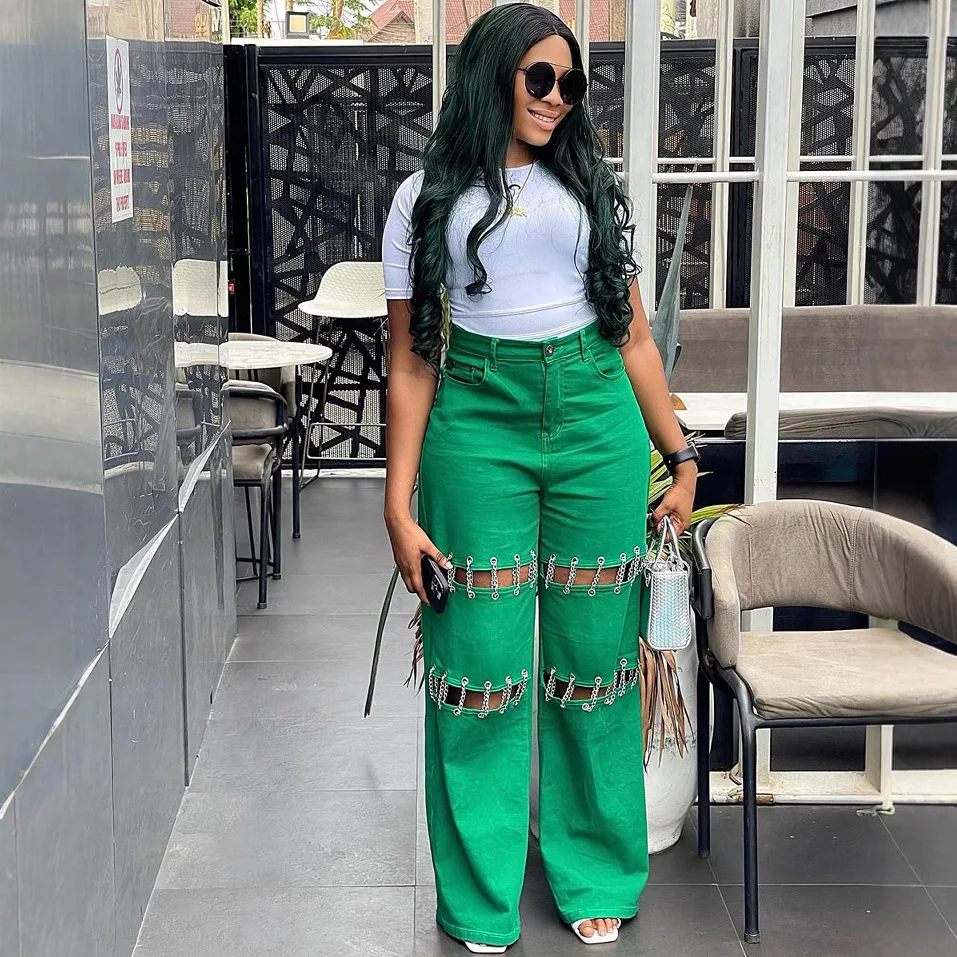 Новые повседневные джинсы с пустыми ногтями и цепочкой - Фотография_3