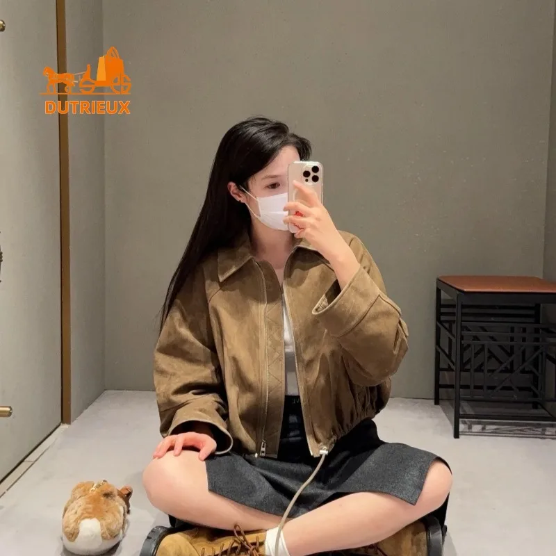 Зимняя замшевая кожаная куртка с завязками по краю - Фотография_4