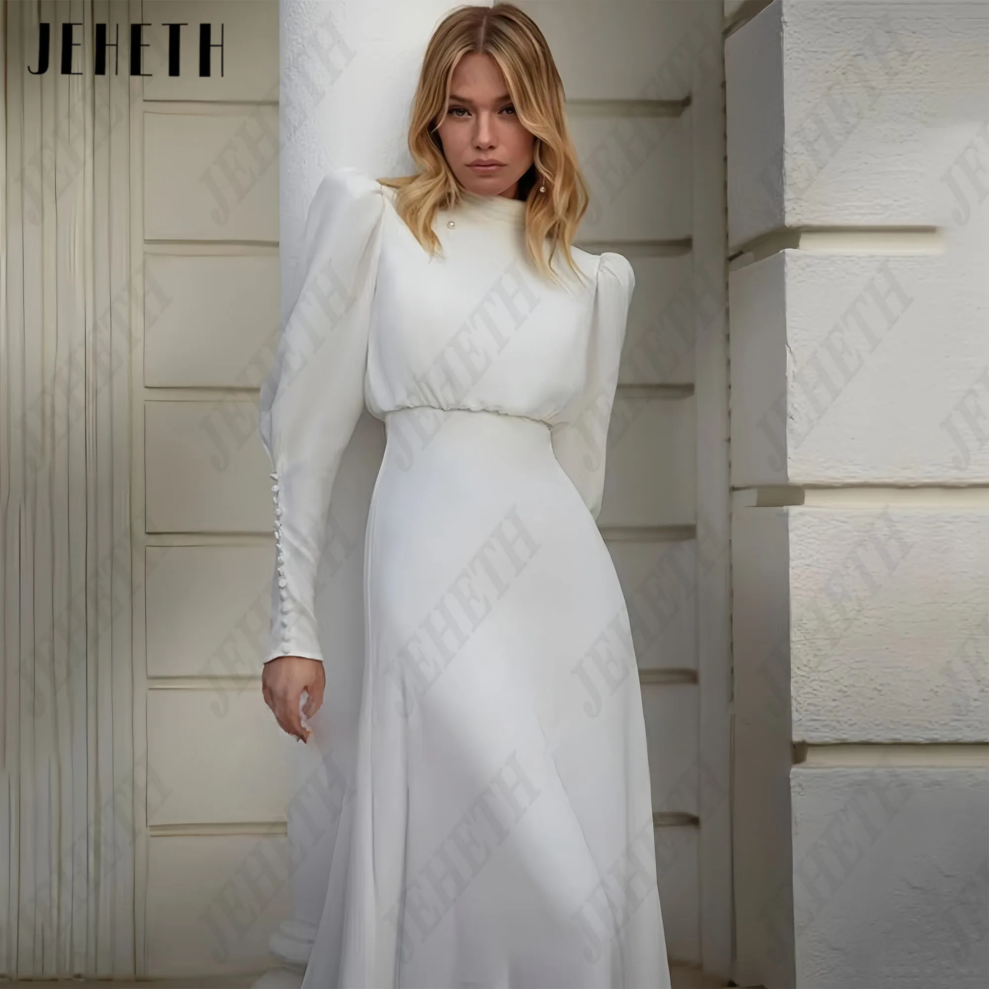 Jeheth белые шифоновые свадебные платья с высоким воротом - Фотография_3