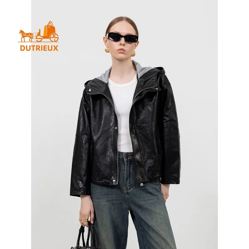 Осенне-зимняя женская свободная короткая кожаная куртка с капюшоном