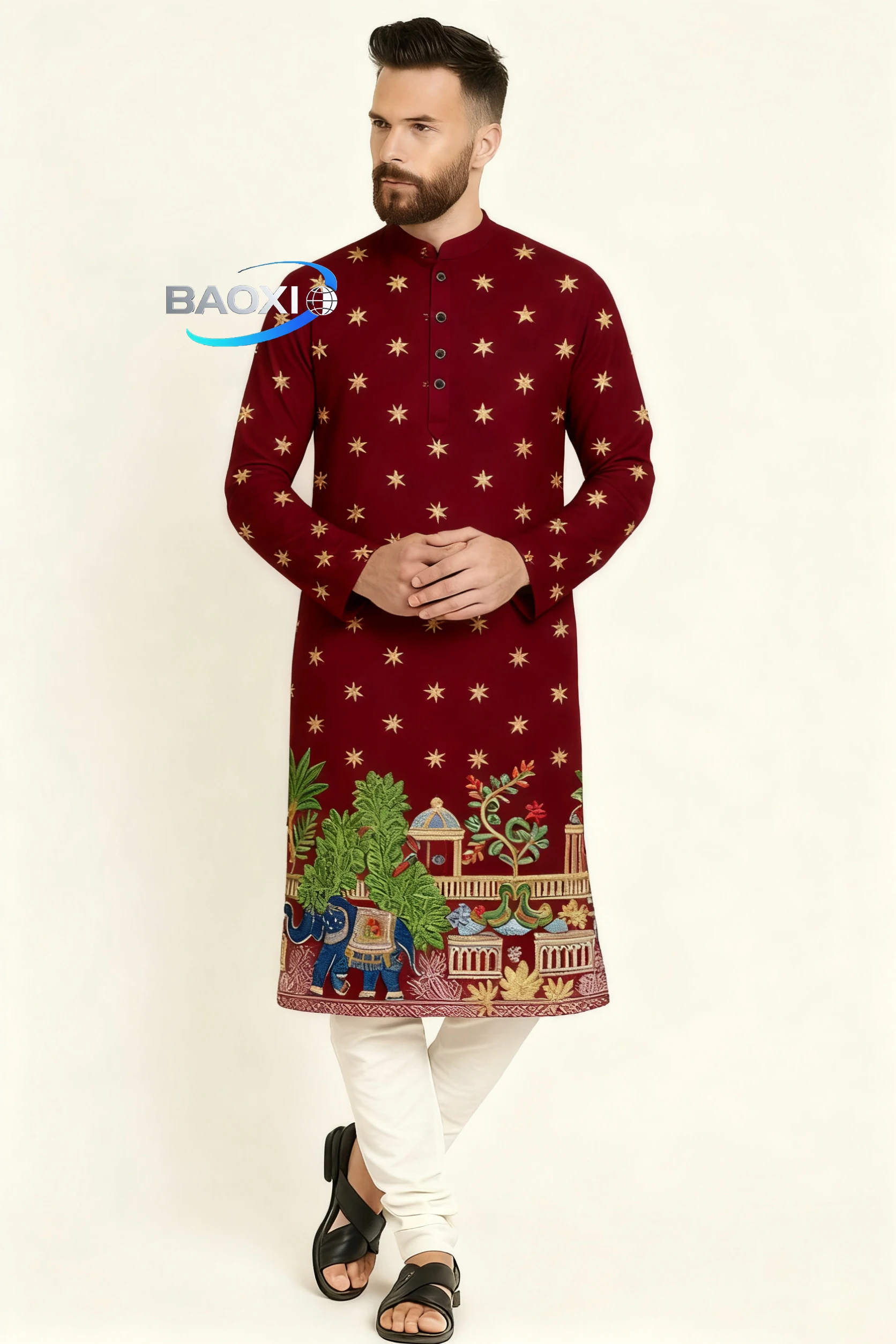 Мужской модный и удобный длинный халат курта сердце с принтом - Фотография_5