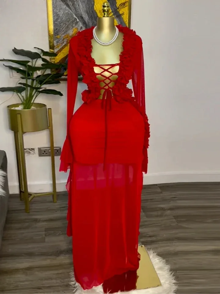 Модный женский комплект из сетки с длинными рукавами