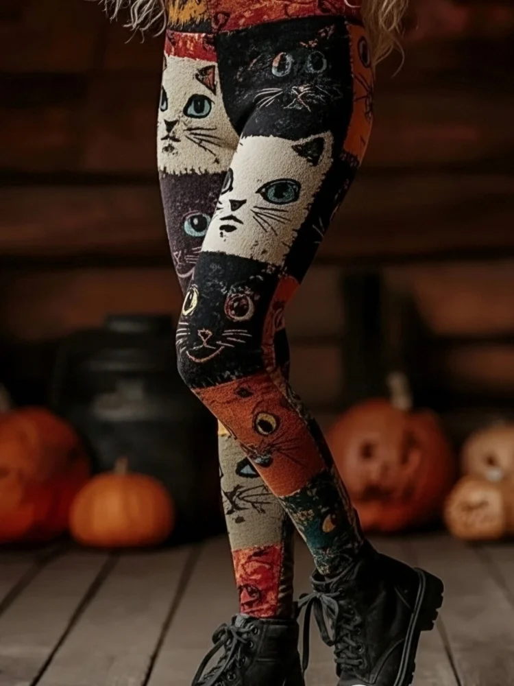 Женские винтажные леггинсы с графическим принтом кота на тему хэллоуина
