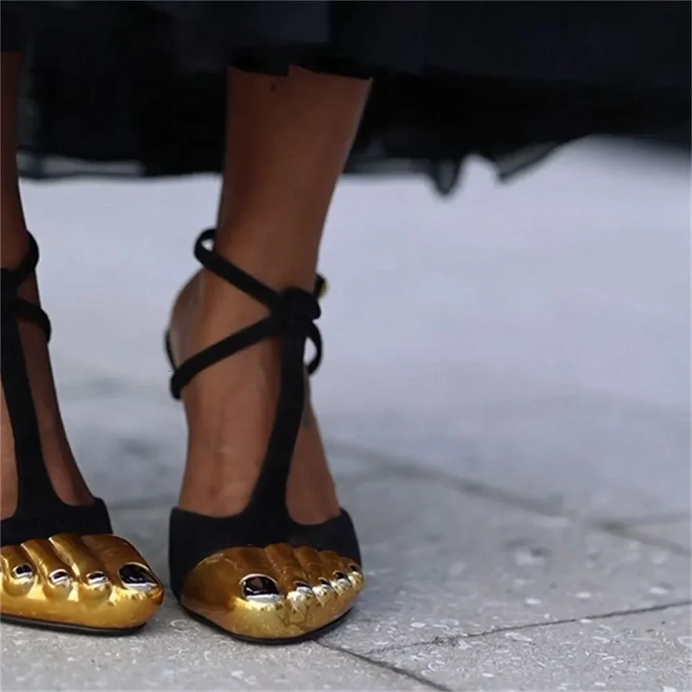 Модные золотые туфли-лодочки на высоком каблуке с пятью пальцами - Фотография_2