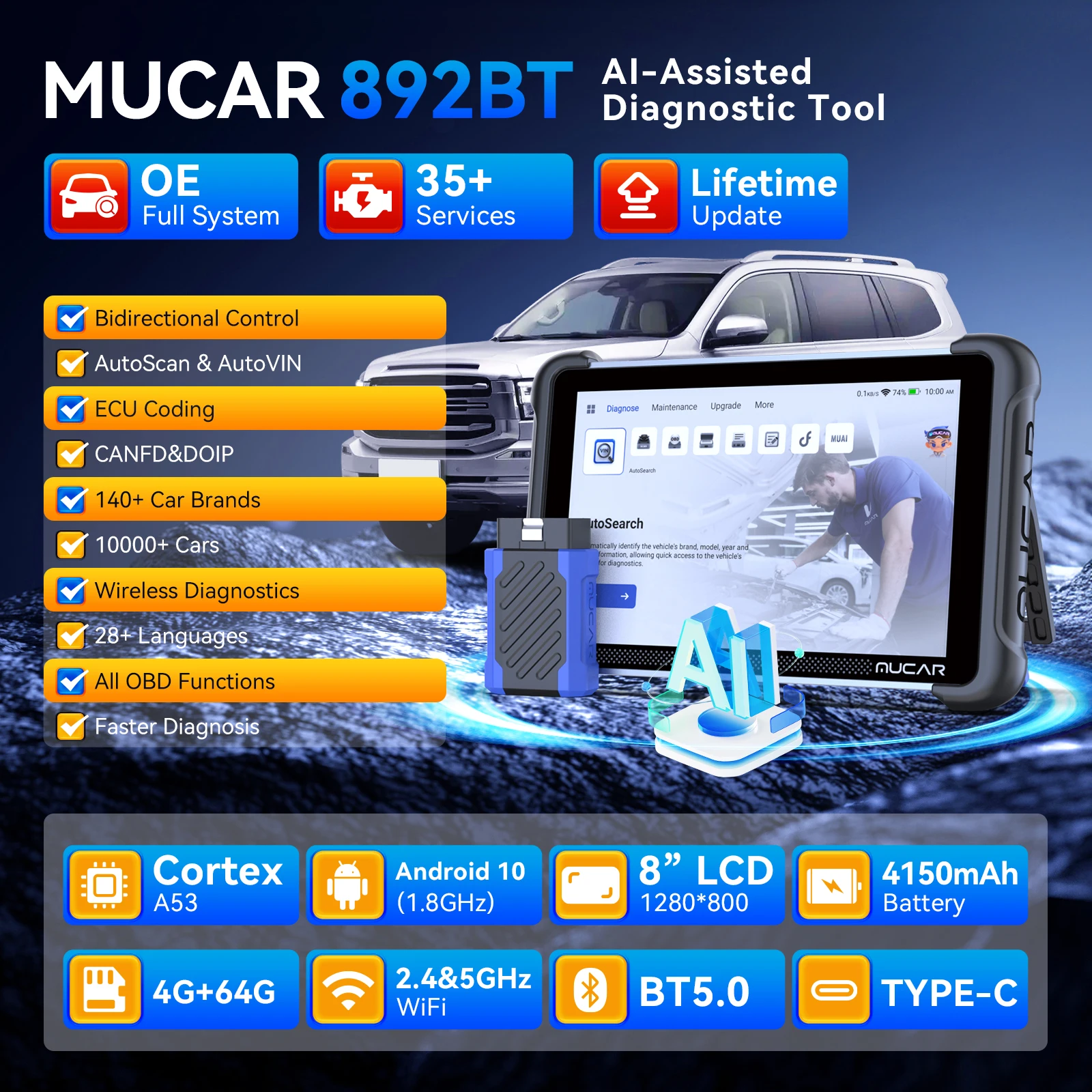 Mucar 892bt диагностический инструмент obd2 с поддержкой ai - Фотография_2