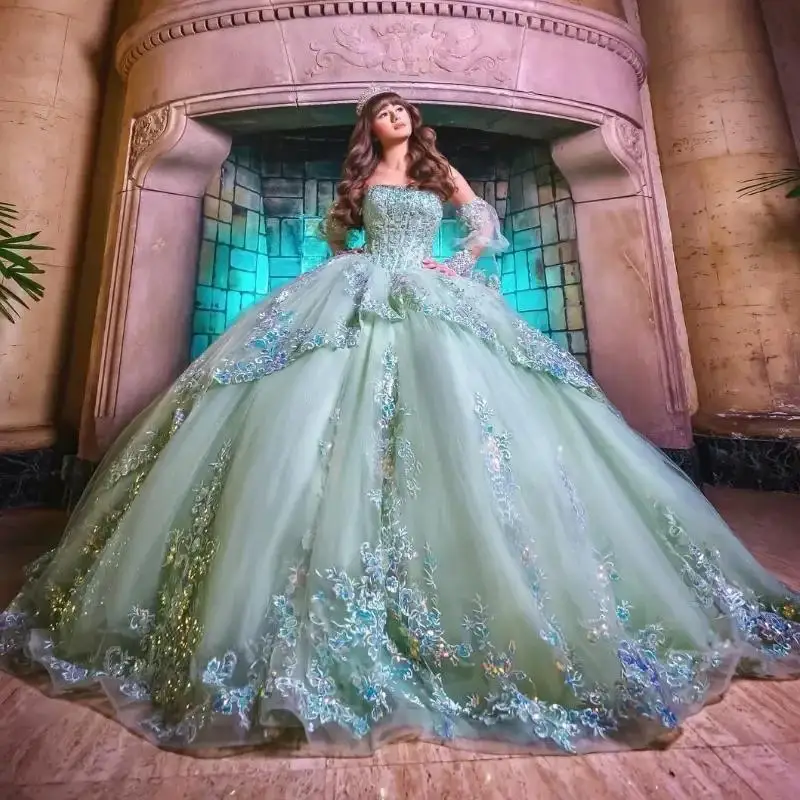 Блестящие мятно-зеленые платья quinceanera по индивидуальному заказу - Фотография_2