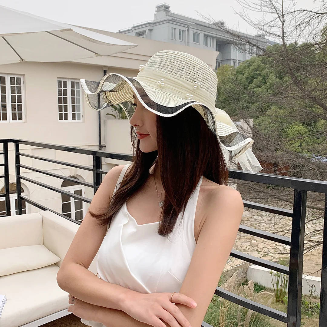 Панамская женская пляжная соломенная шляпа с бантом - Фотография_4