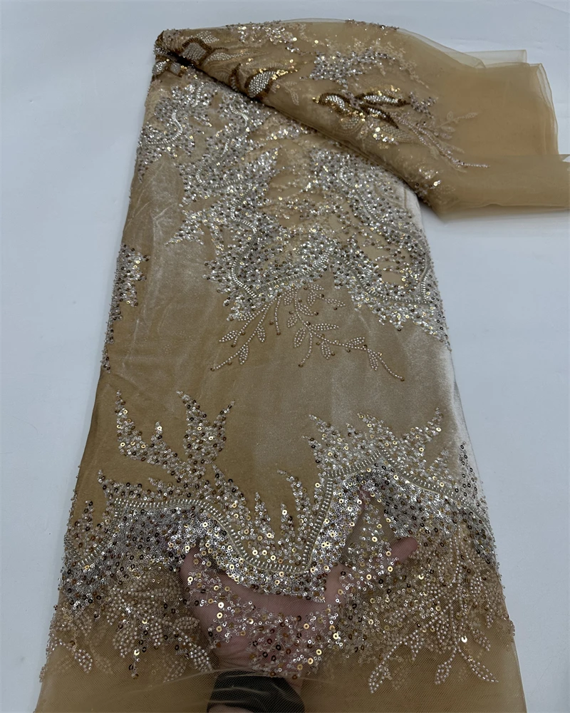 Африканская бархатная кружевная ткань с блестками - Фотография_4