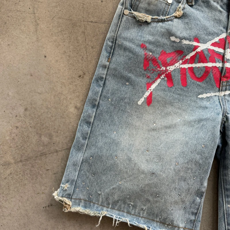 Y2k граффити jorts rhinestone потертые - Фотография_2