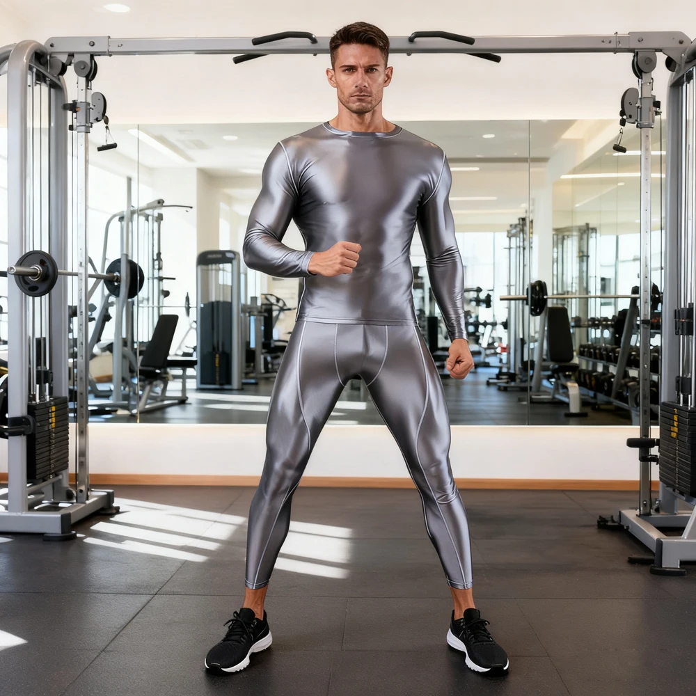 Мужские гладкие глянцевые масляные быстросохнущие спортивные костюмы - Фотография_2
