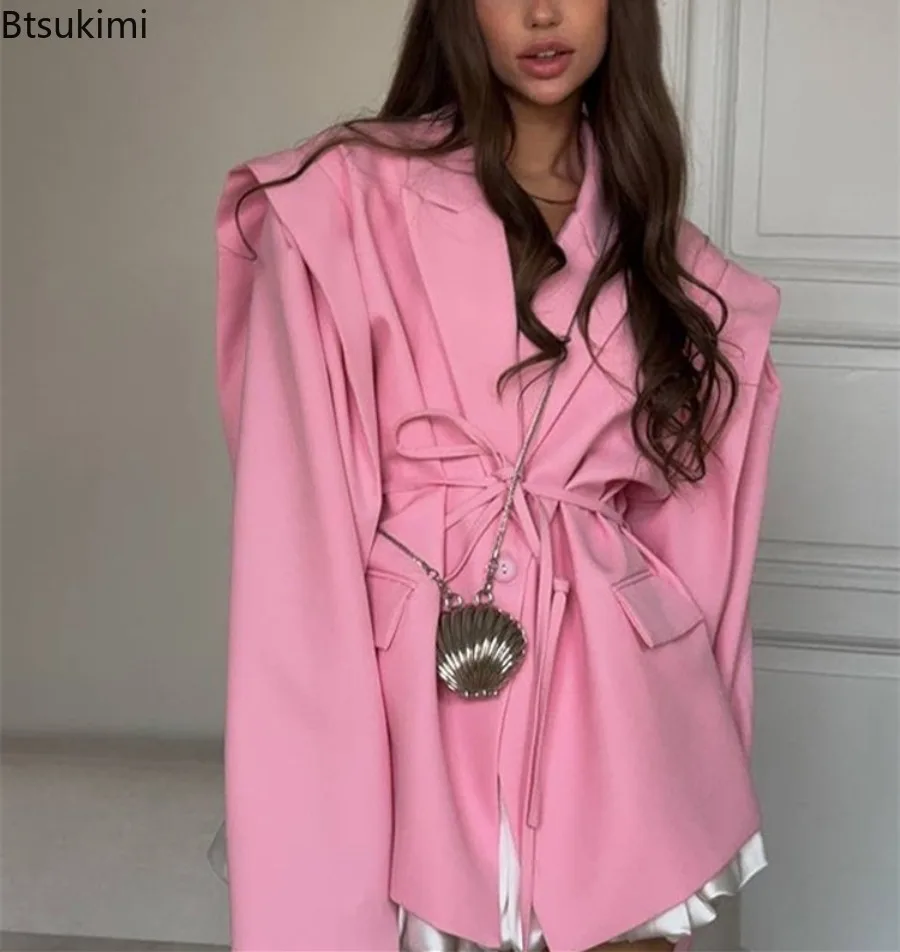 Женский модный однотонный пиджак большого размера на шнуровке - Фотография_3