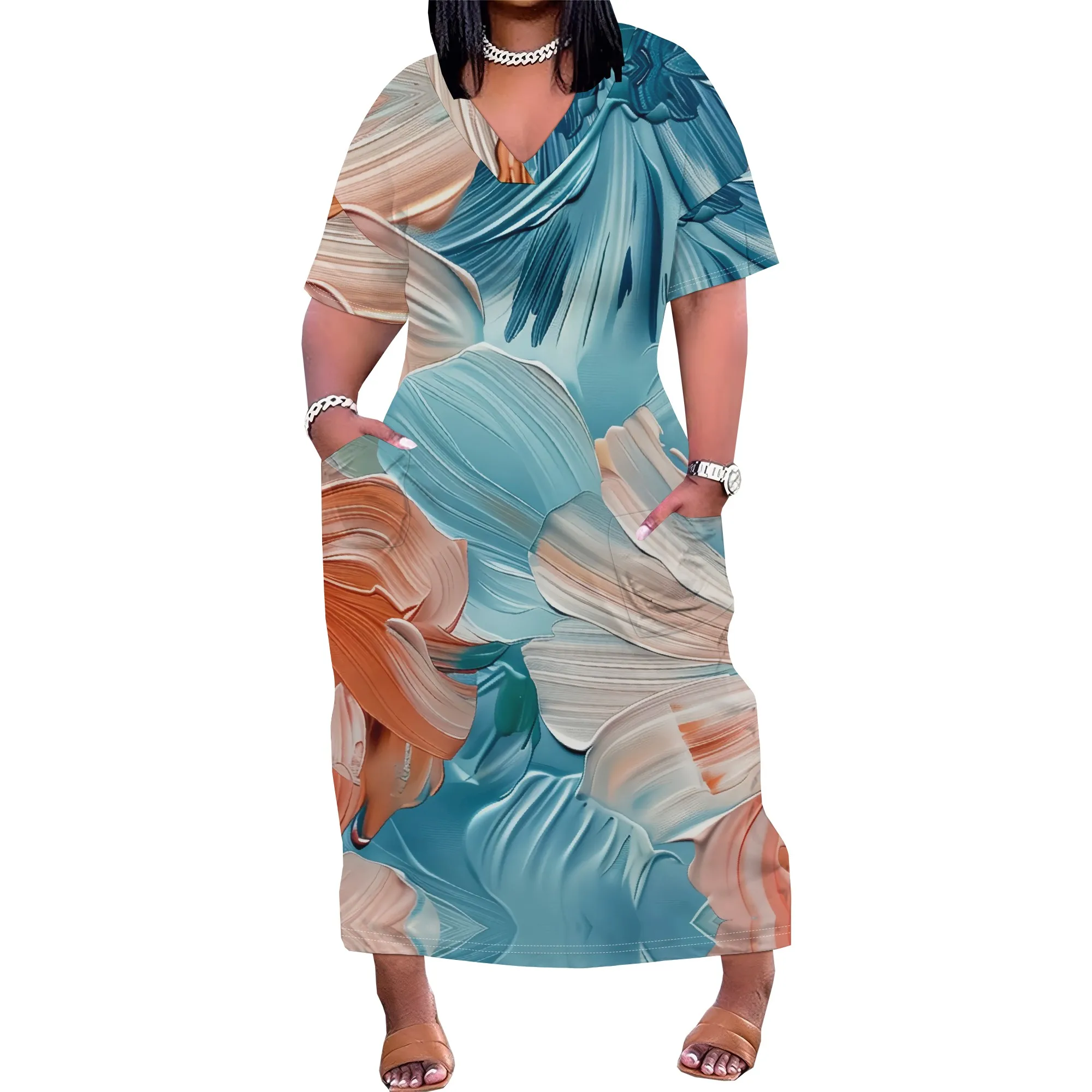 Plus size abstract brushstroke v-neck maxi dress 2025 new arrival - Фотография_2