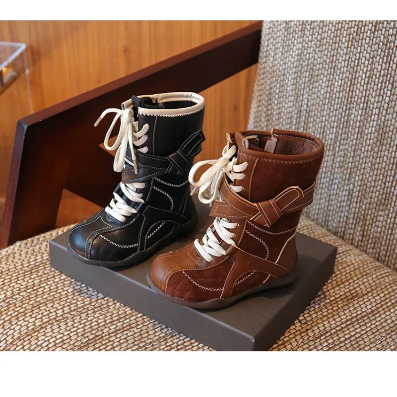 Детские модные кожаные ботинки в стиле ретро