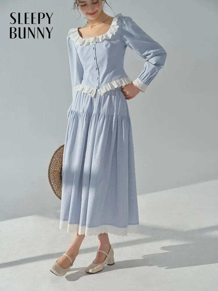 Элегантный винтажный кружевной комплект блузки и юбки с квадратным вырезом