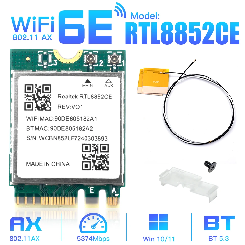 Сетевая карта wi-fi 6e rtl8852ce m.2 5400 мбит/с 802.11ax bluetooth 5.3
