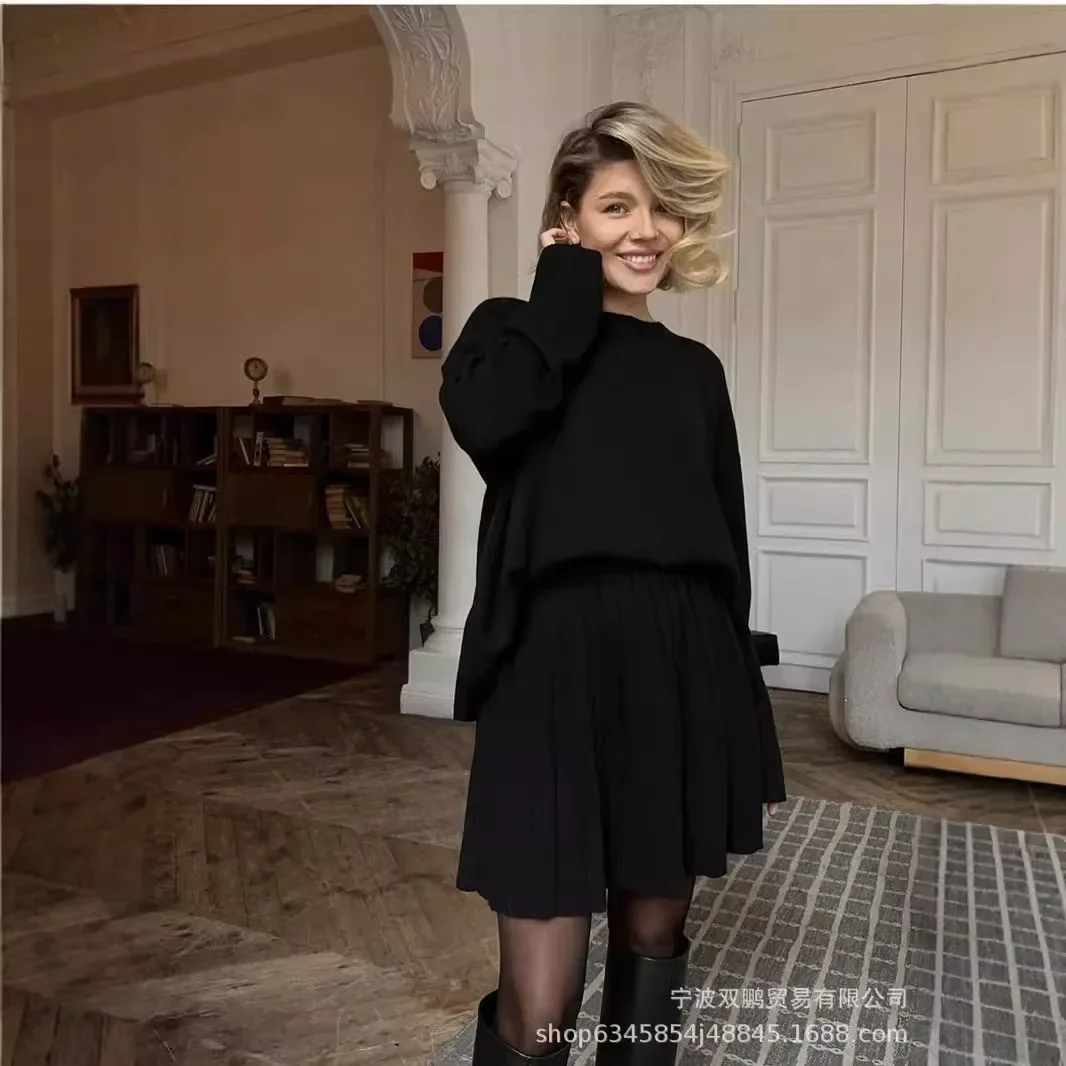 Осенние однотонные комплекты платьев-свитера с круглым вырезом - Фотография_2