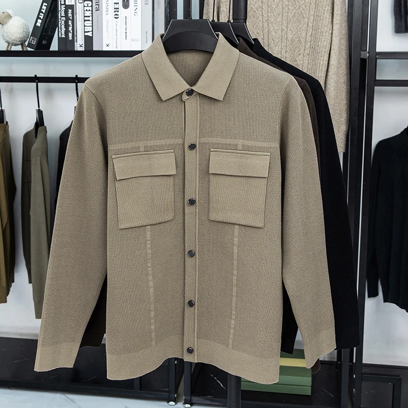 Мужской роскошный вязаный кардиган с длинными рукавами и лацканами - Фотография_4