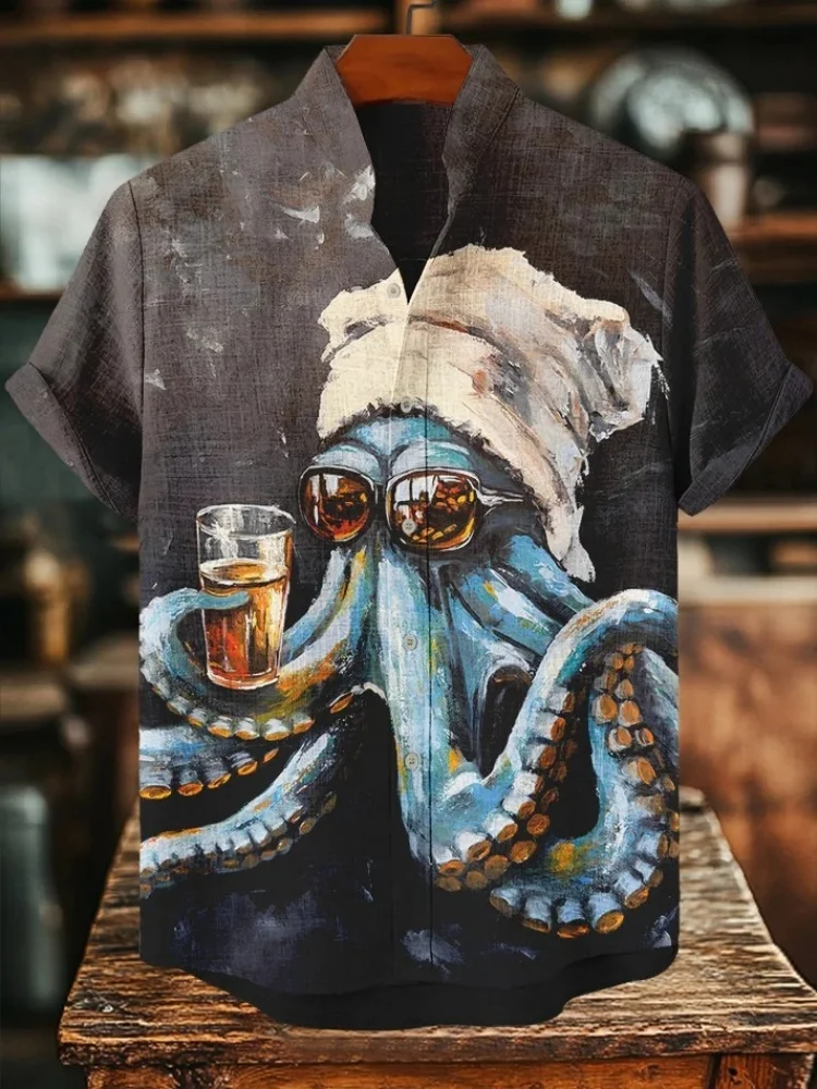 Мужская повседневная рубашка с принтом «осьминог» под вишневым деревом - Фотография_2