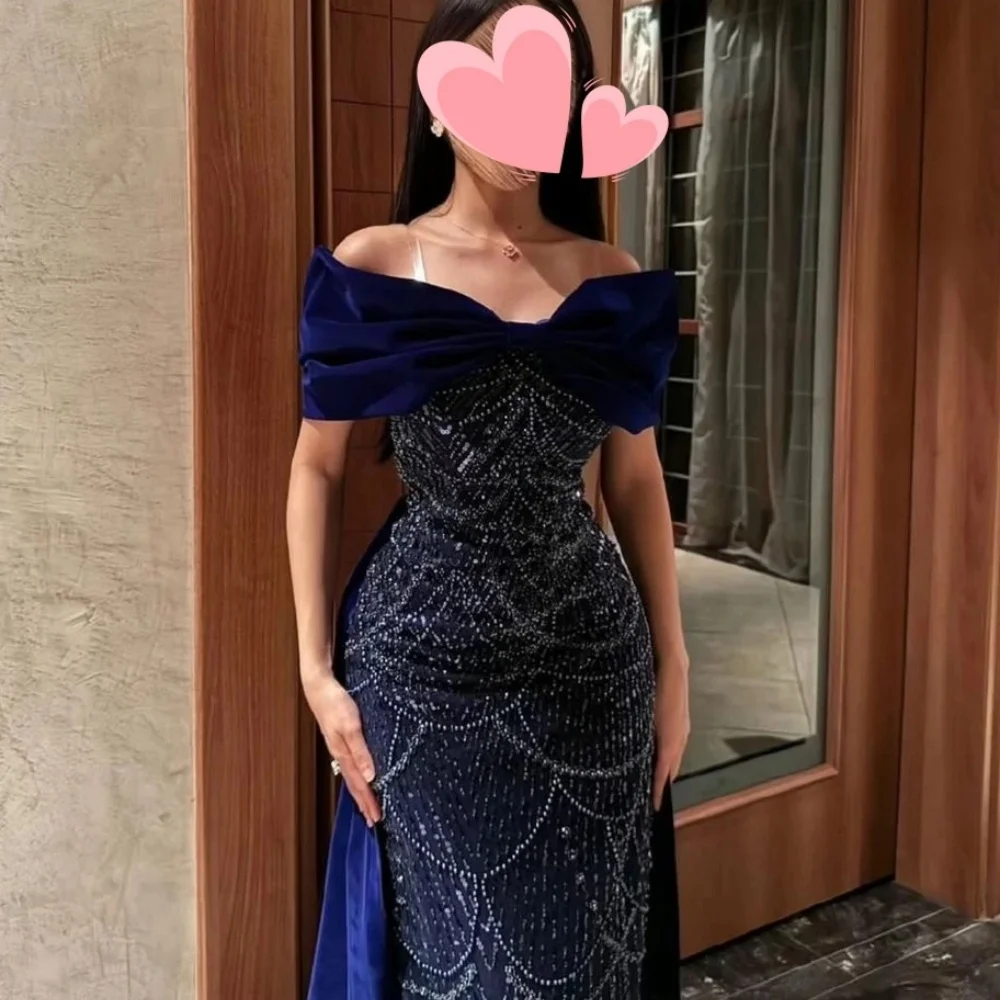 Amanda индивидуальные темно-синие шаль с бархатной шалью и бисером - Фотография_3