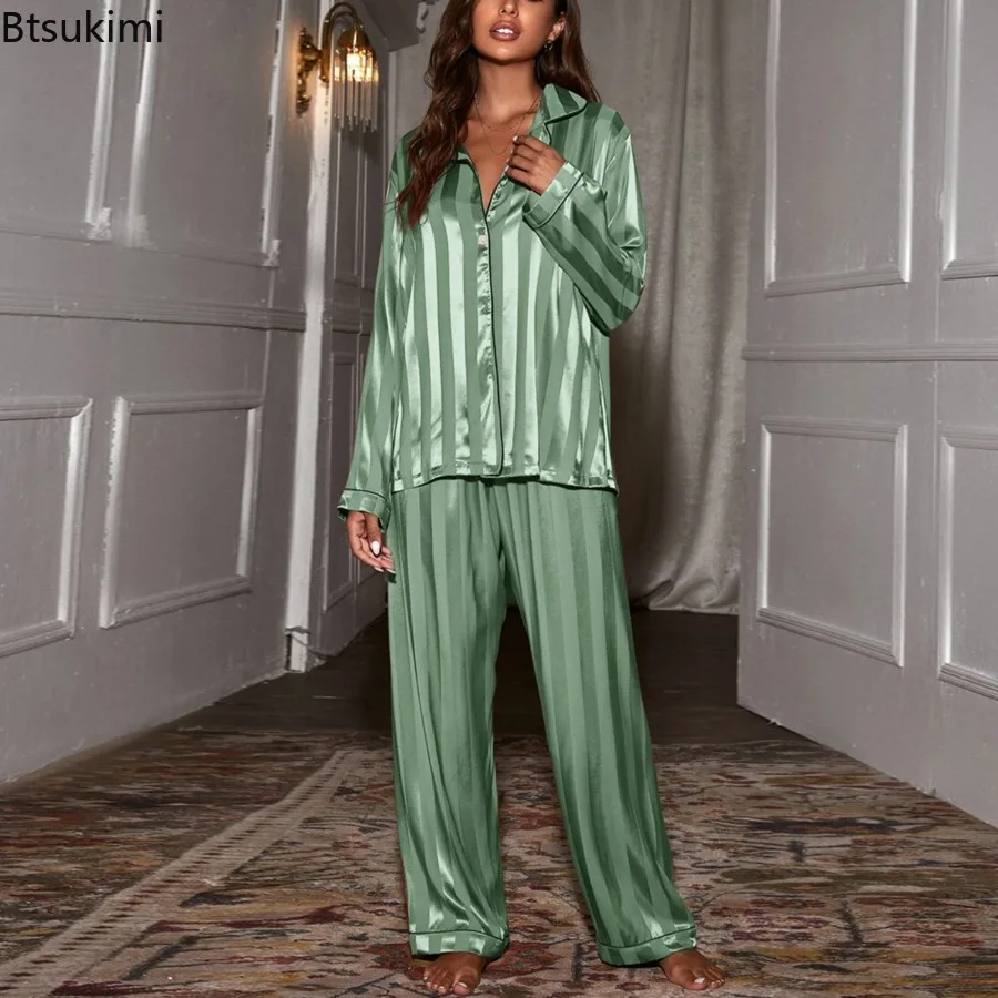 Женский свободный повседневный домашний костюм в полоску с лацканами - Фотография_3