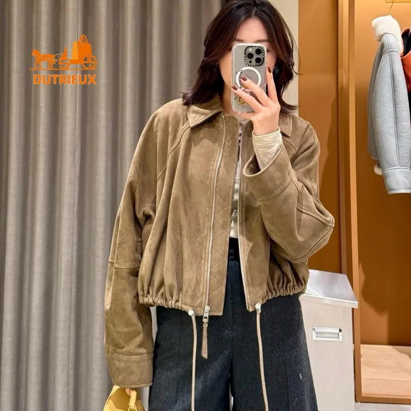 Зимняя замшевая кожаная куртка с завязками по краю - Фотография_3