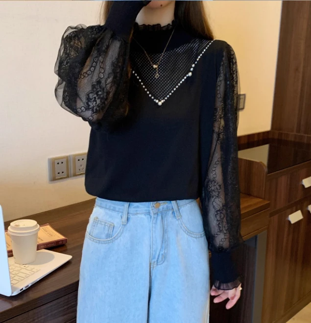 Большой размер, кружевная рубашка с длинным рукавом и полуводолазкой - Фотография_2