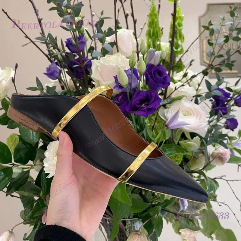 Кожаные черные сандалии на плоской подошве с острым носком - Фотография_5