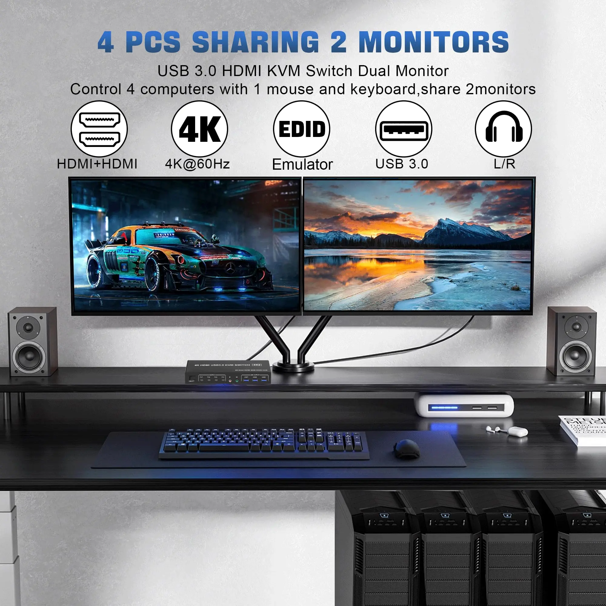 4k usb 3.0 kvm-переключатель hdmi двойные мониторы 4 компьютера 2 монитора - Фотография_3