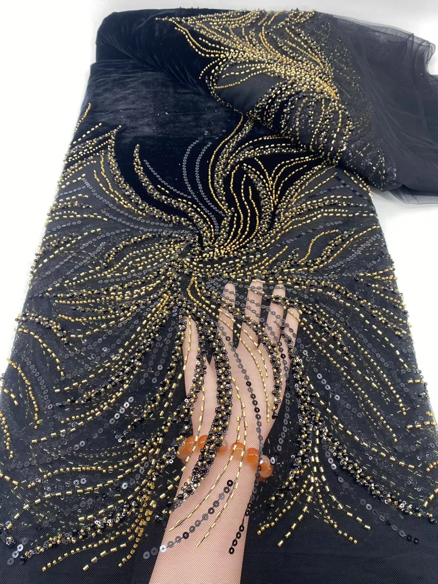 5 ярдов нигерийской бархатной кружевной ткани с блестками - Фотография_3