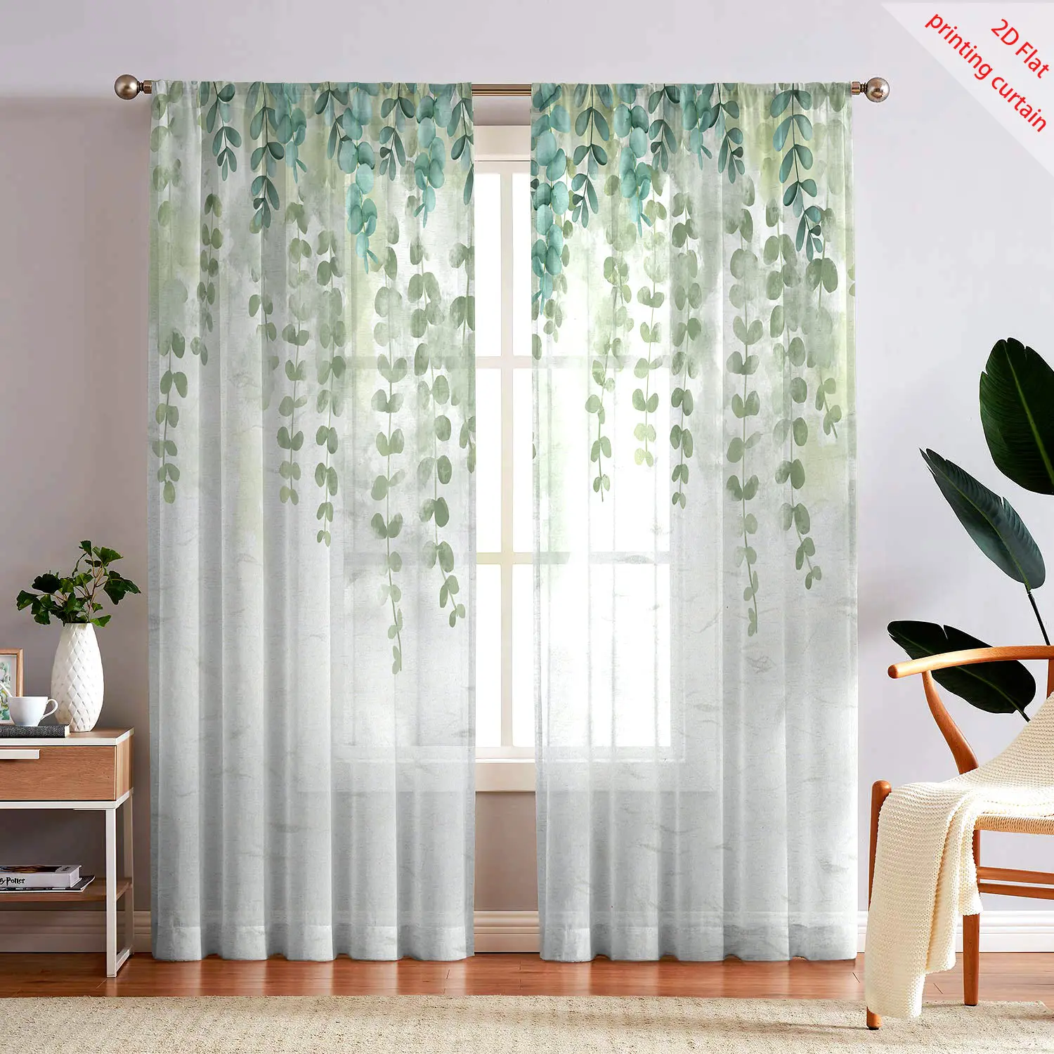 Прозрачная марлевая занавеска с принтом растений