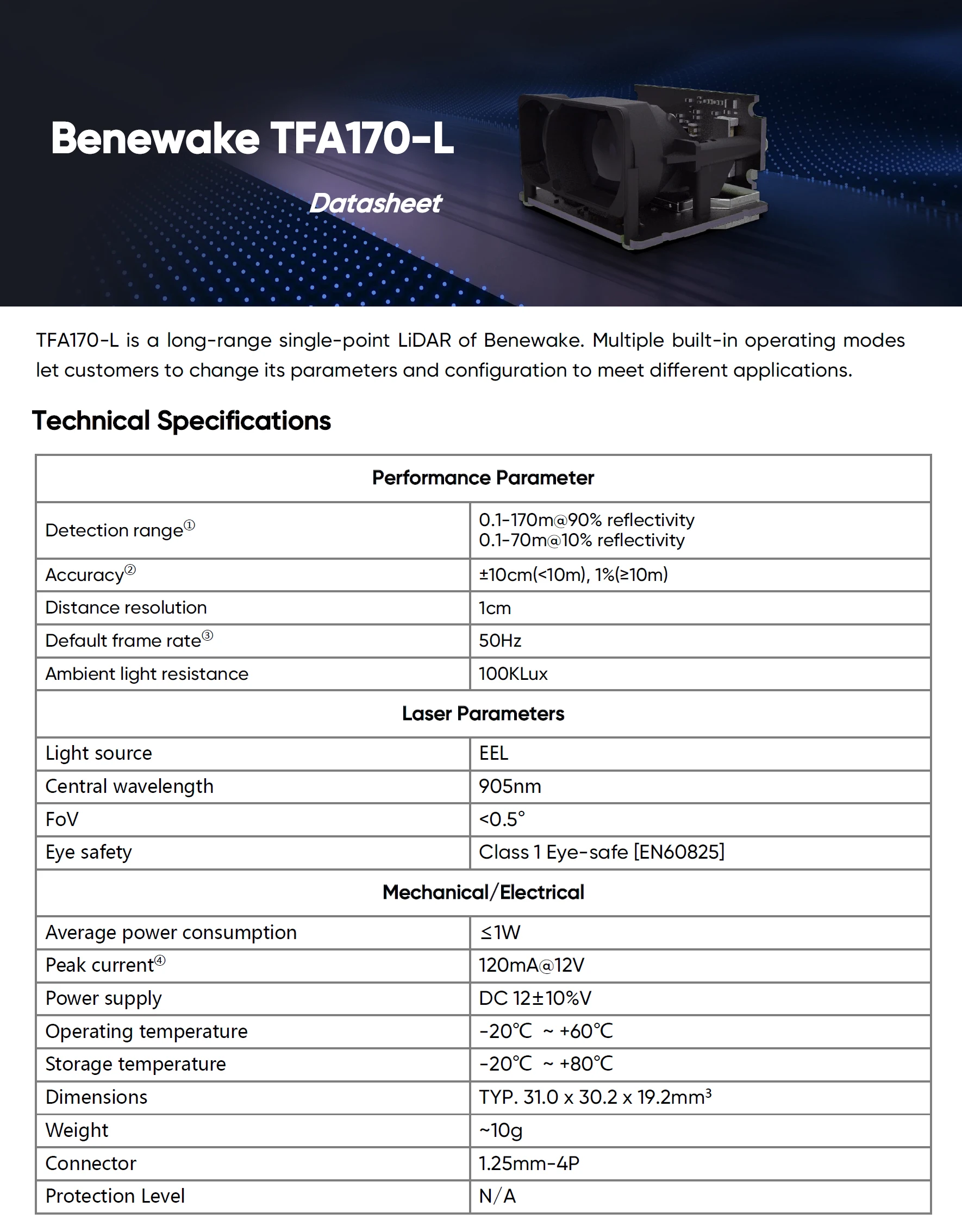 Benewake tfa170-l высокоточный датчик lidar дальнего действия 170 м - Фотография_2