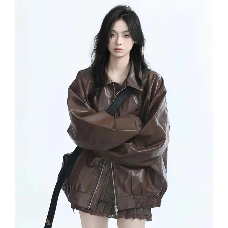 Женская модная куртка из искусственной кожи на молнии в стиле ретро - Фотография_3