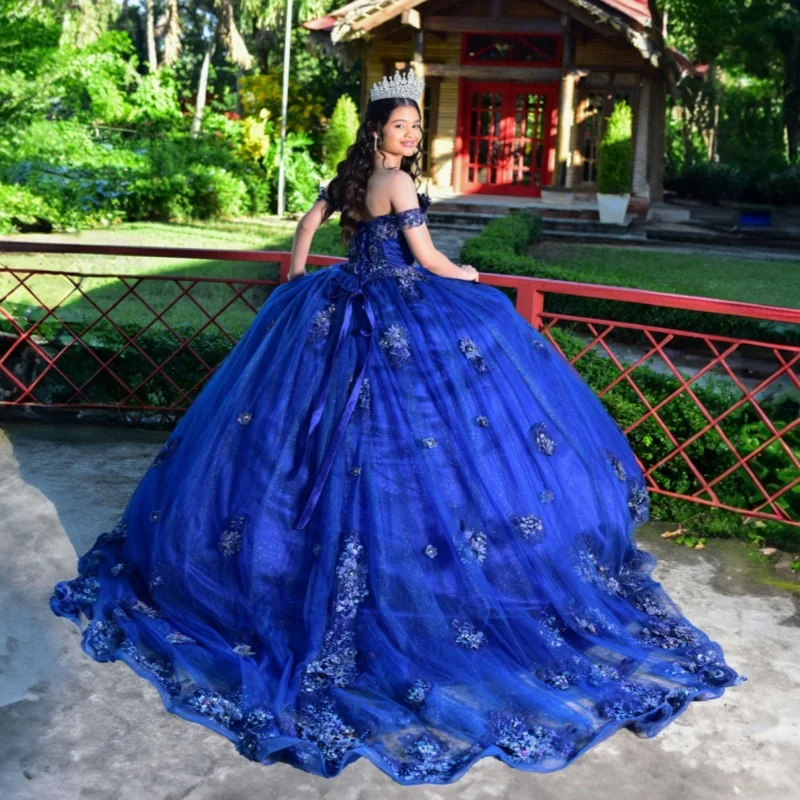Блестящее темно-синее платье quinceanera с открытыми плечами и блестками - Фотография_4