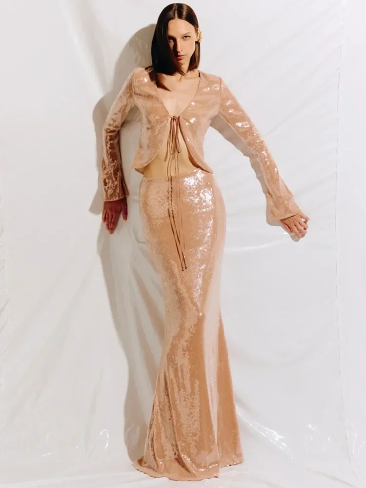 Женский сексуальный сетчатый комплект с длинными рукавами и блестками